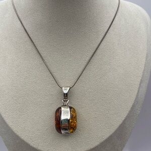 Sterling Silver 925 Double Sided Amber Pendant Necklace 22”L